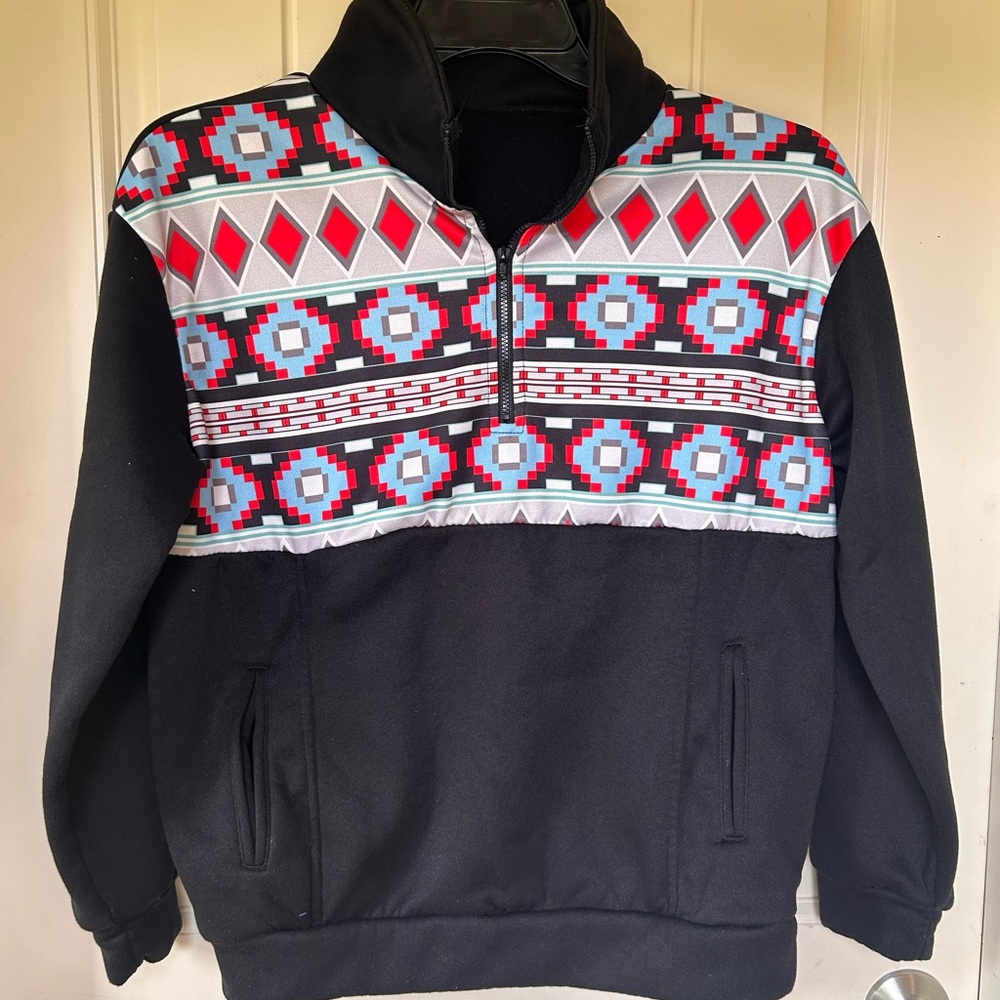 SHEIN Black and Red Zip Up Sweater with Nordic Pattern